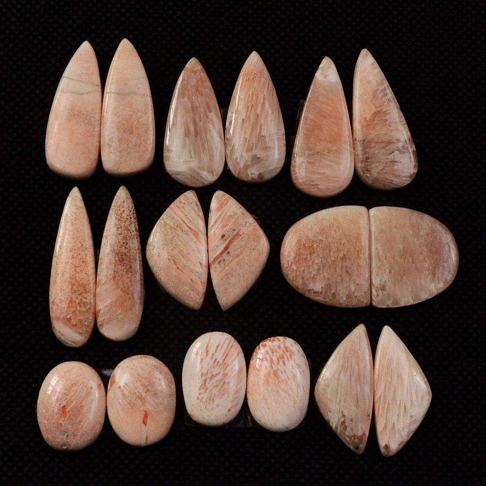 Image of 9 Pairs 129Cts Natural Pink Scolecite Cabochons Pairs lot for Silver Jewelry Making  26x6 14x10mm #19259