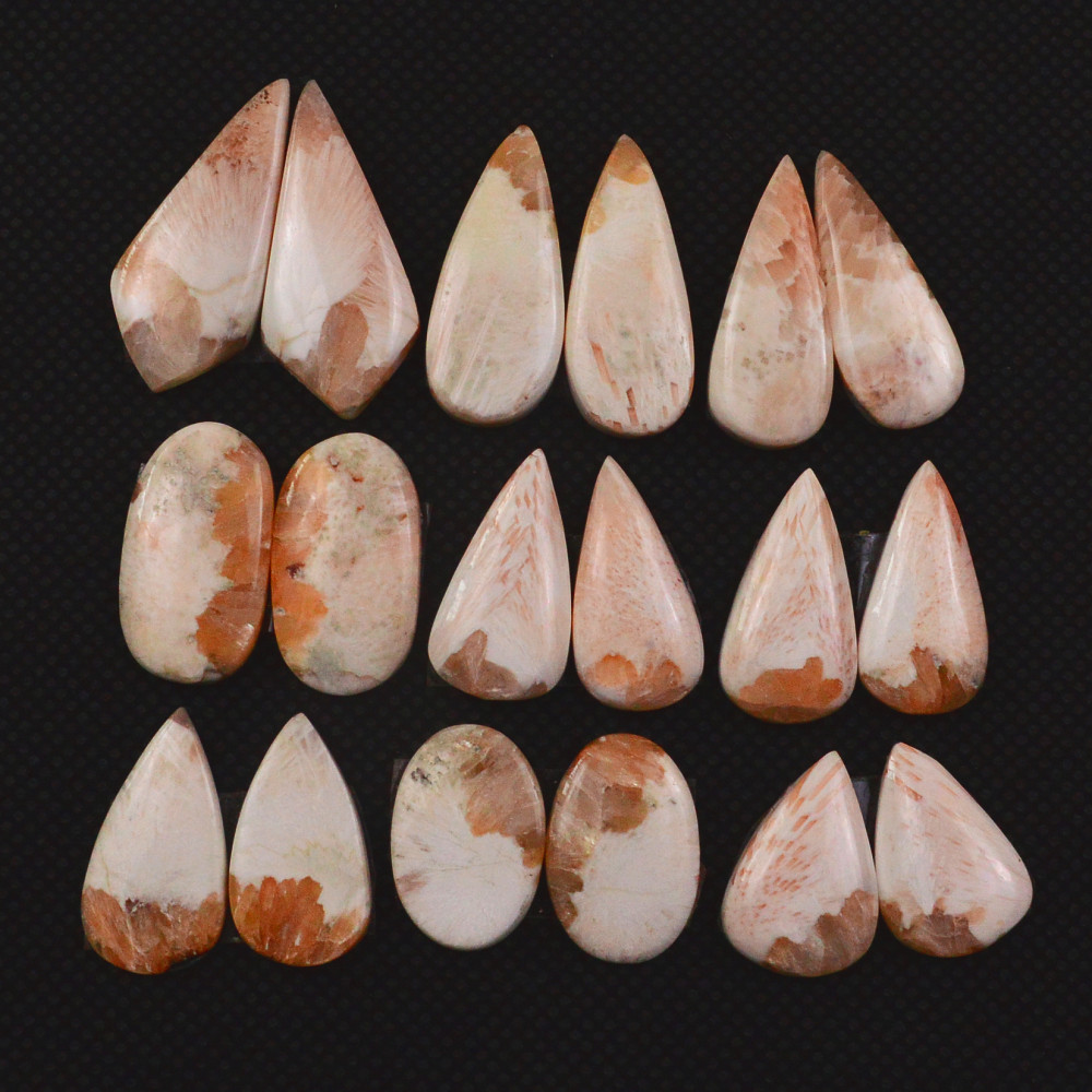 Image of 9 Pairs 98Cts Natural Pink Scolecite Cabochons Pairs lot for Silver Jewelry Making  21x6 15x9mm #19260