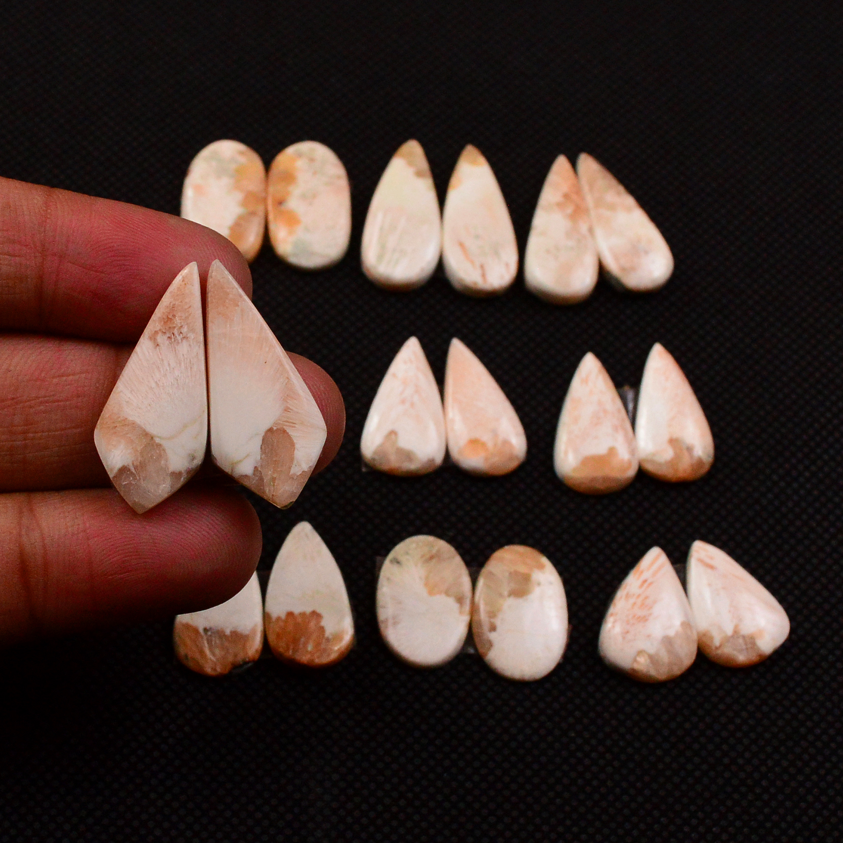 9 Pairs 98Cts Natural Pink Scolecite Cabochons Pairs lot for Silver Jewelry Making  21x6 15x9mm 19260