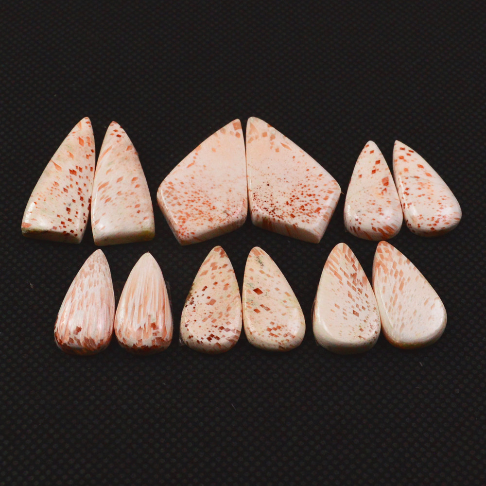 Image of 6 Pairs 88Cts Natural Pink Scolecite Cabochons Pairs lot for Silver Jewelry Making  25x9 18x8mm #19261