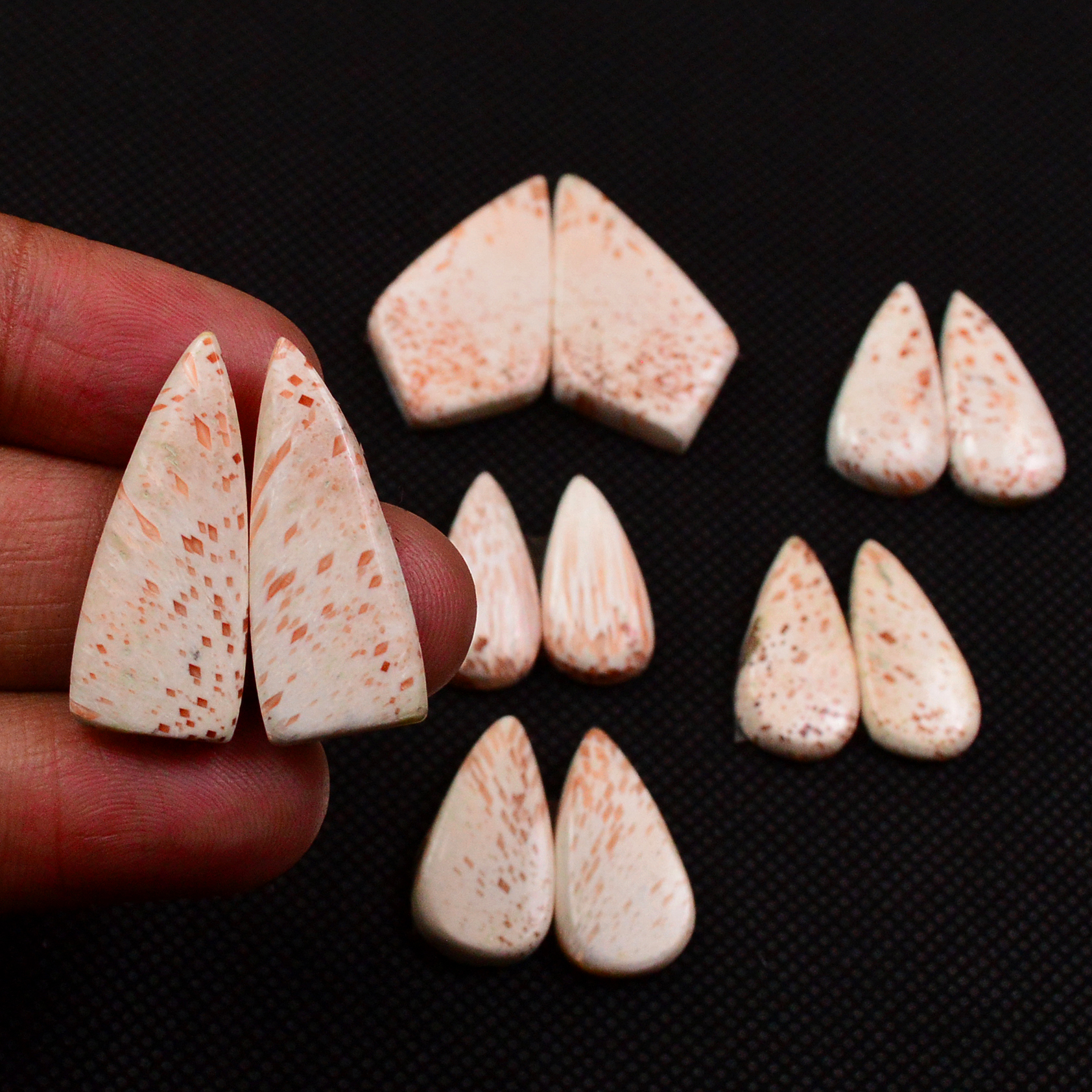6 Pairs 88Cts Natural Pink Scolecite Cabochons Pairs lot for Silver Jewelry Making  25x9 18x8mm 19261
