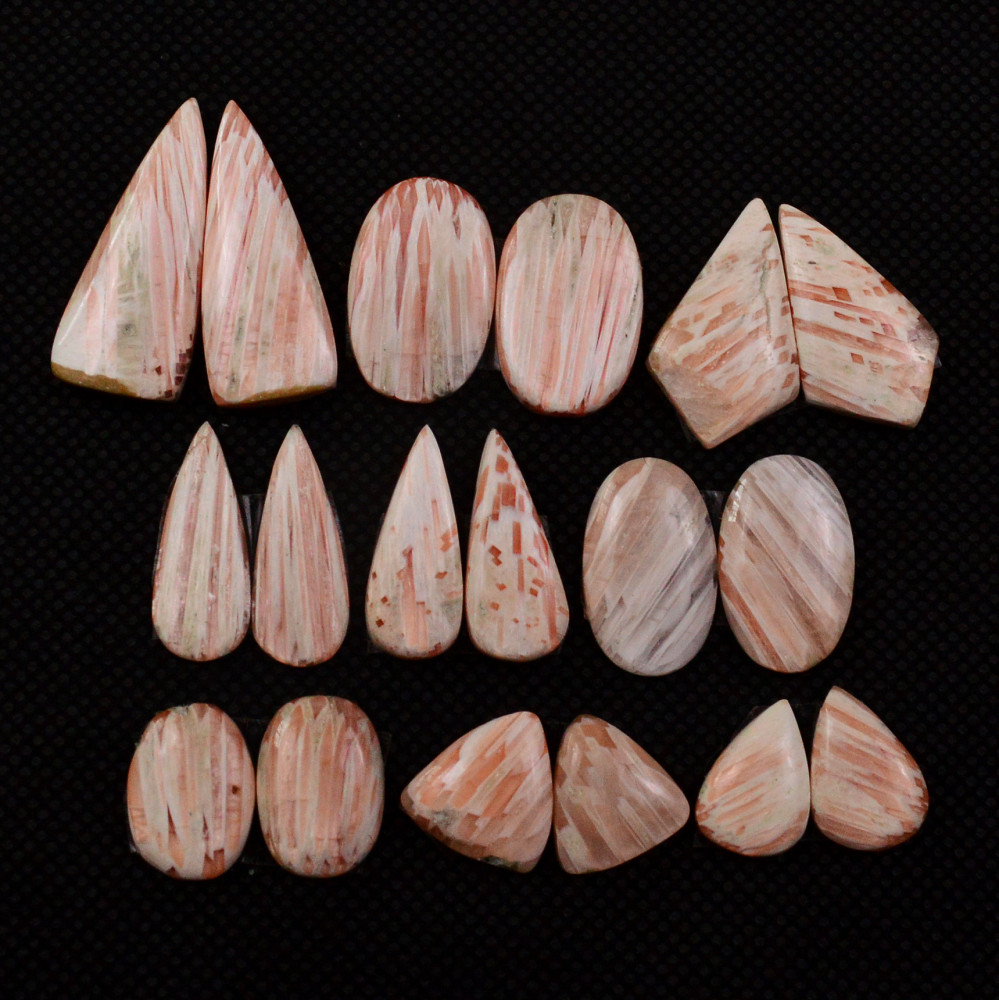 Image of 9 Pairs 80Cts Natural Pink Scolecite Cabochons Pairs lot for Silver Jewelry Making  25x9 11x7mm #19262