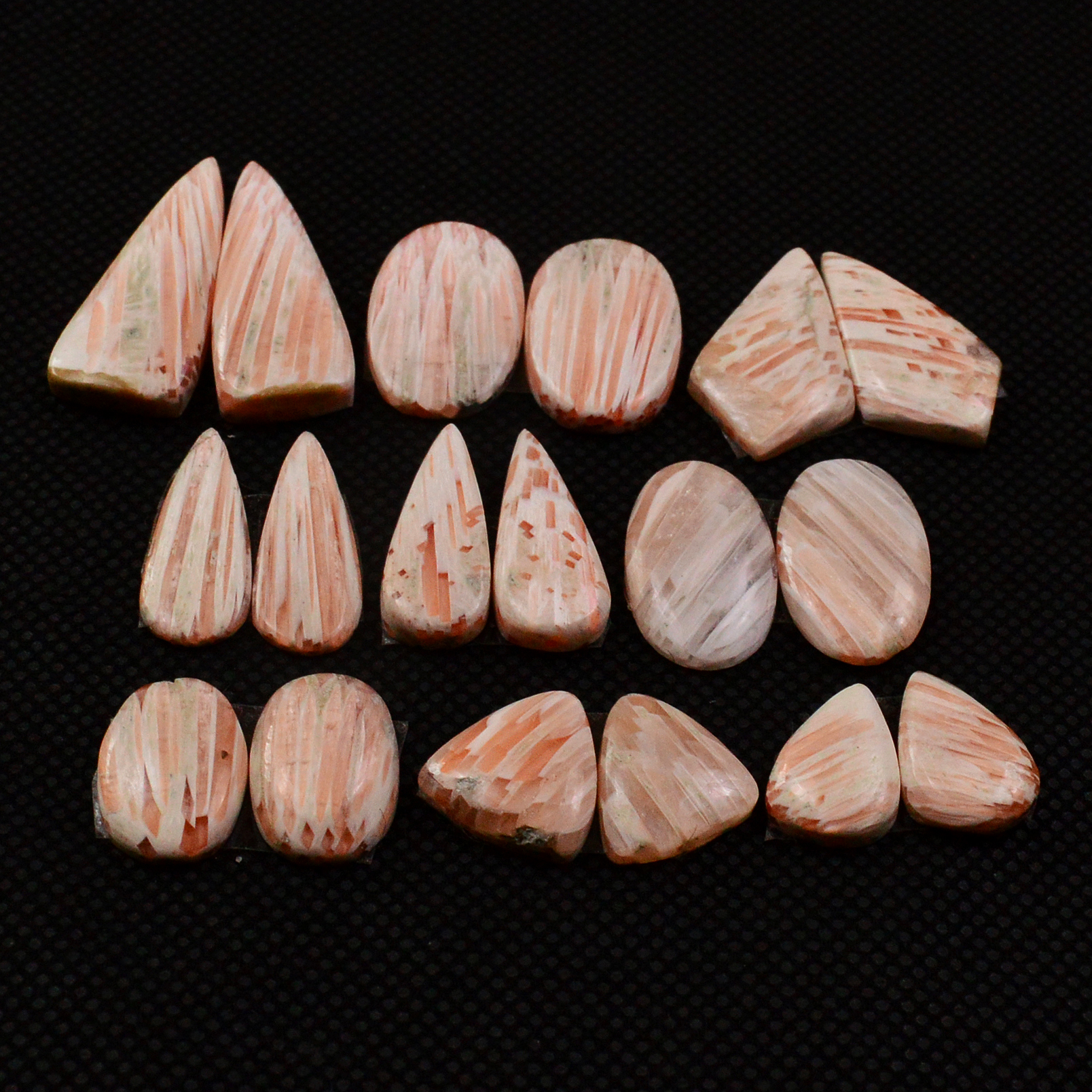 9 Pairs 80Cts Natural Pink Scolecite Cabochons Pairs lot for Silver Jewelry Making  25x9 11x7mm 19262