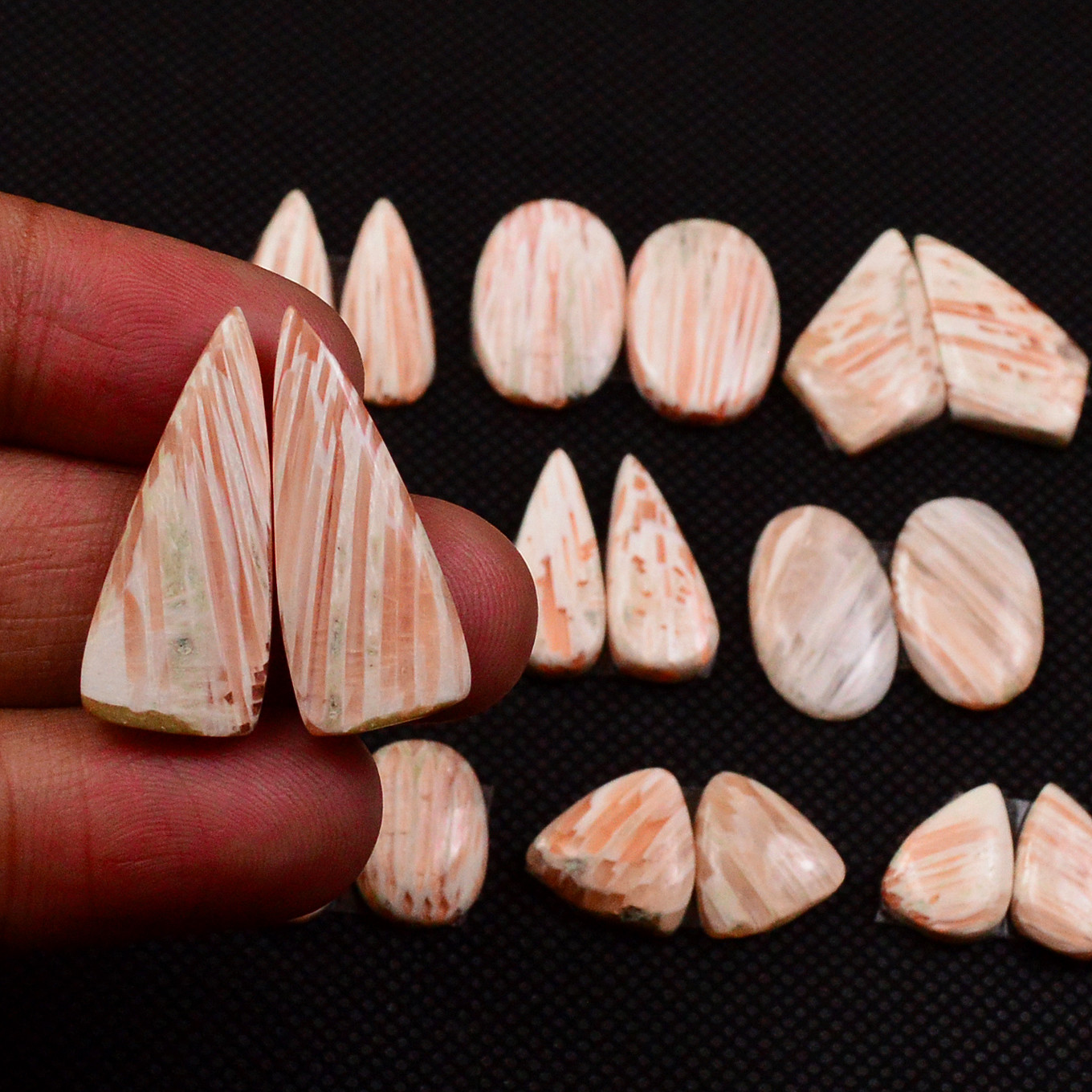 9 Pairs 80Cts Natural Pink Scolecite Cabochons Pairs lot for Silver Jewelry Making 25x9 11x7mm 19262