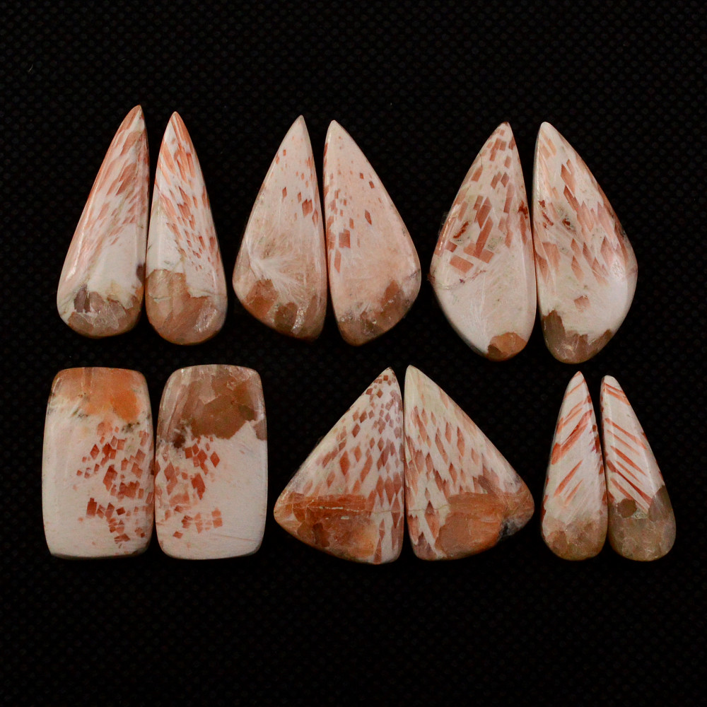 Image of 6 Pairs 92Cts Natural Pink Scolecite Cabochons Pairs lot for Silver Jewelry Making  25x7 19x5mm #19263