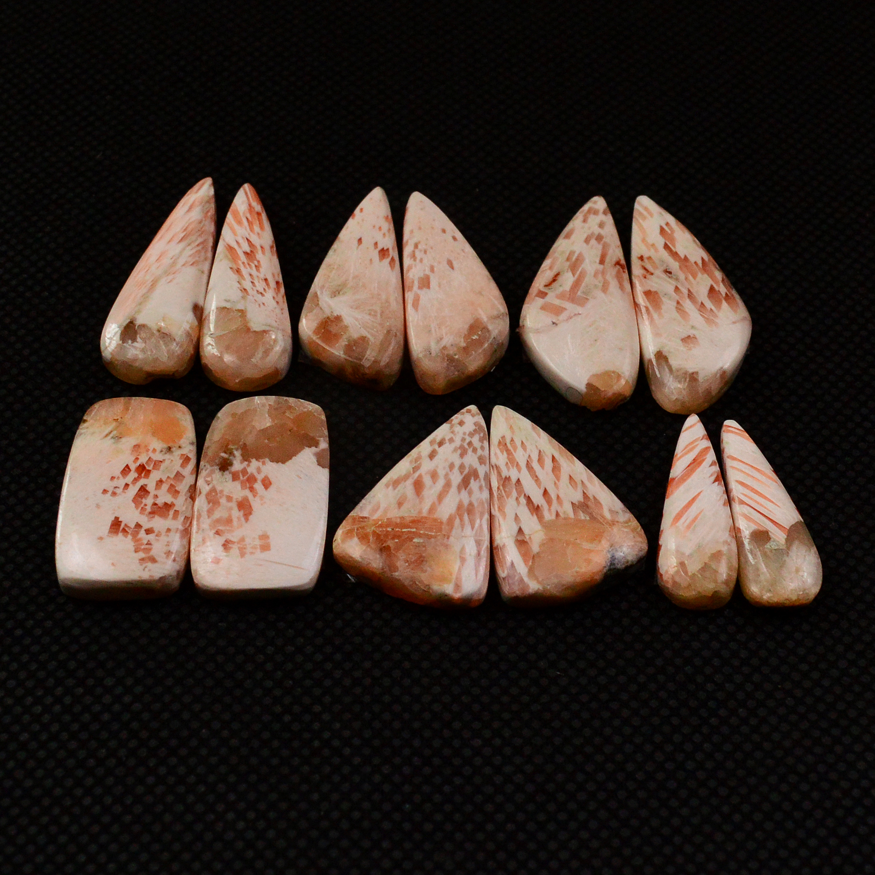 6 Pairs 92Cts Natural Pink Scolecite Cabochons Pairs lot for Silver Jewelry Making 25x7 19x5mm 19263