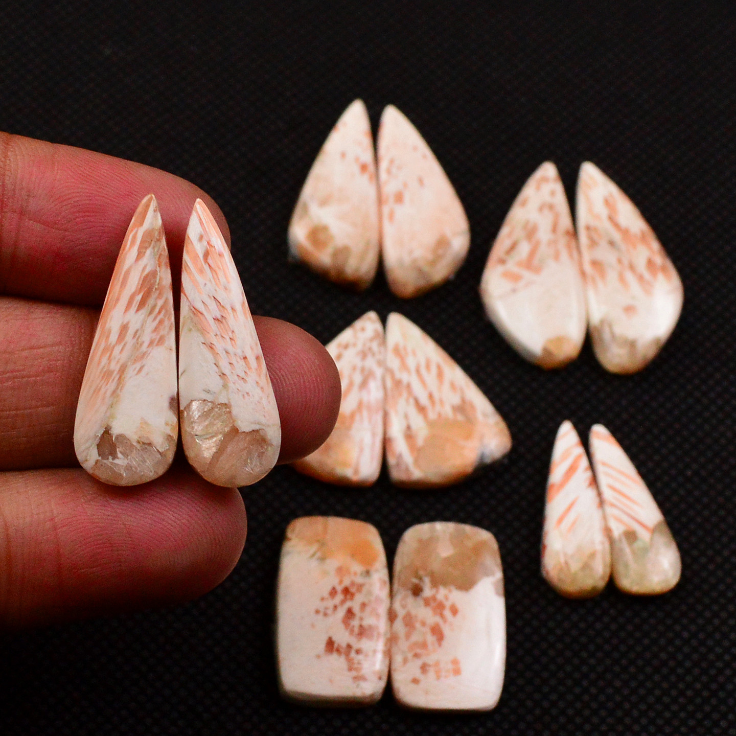 6 Pairs 92Cts Natural Pink Scolecite Cabochons Pairs lot for Silver Jewelry Making 25x7 19x5mm 19263