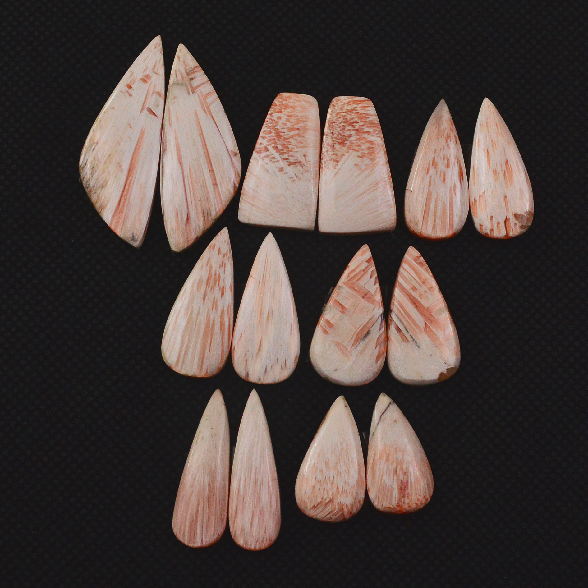 7 Pairs 90Cts Natural Pink Scolecite Cabochons Pairs lot for Silver Jewelry Making  33x10 16x8mm 19264