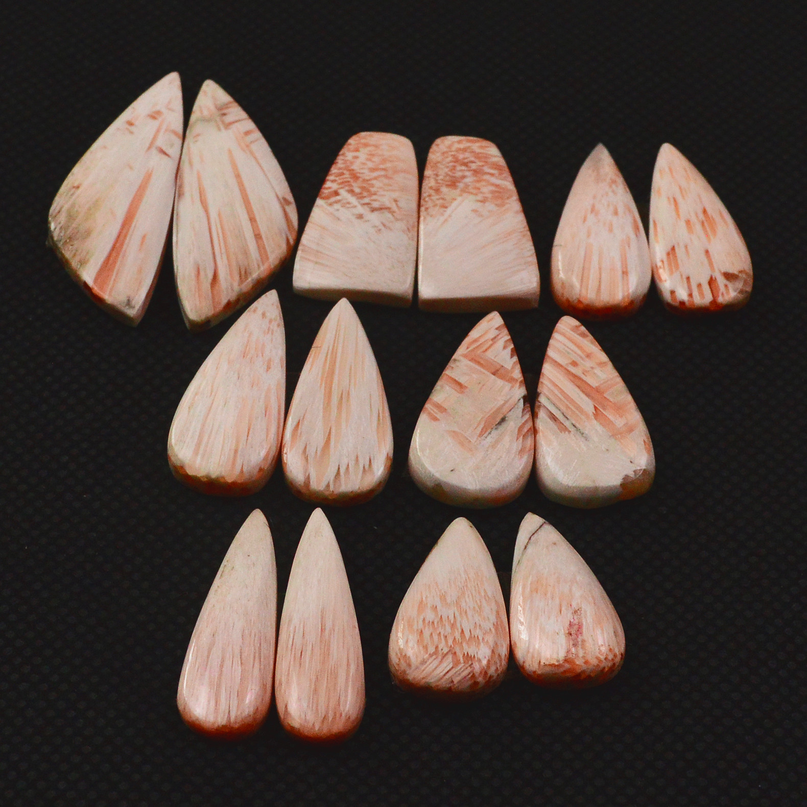 7 Pairs 90Cts Natural Pink Scolecite Cabochons Pairs lot for Silver Jewelry Making  33x10 16x8mm 19264