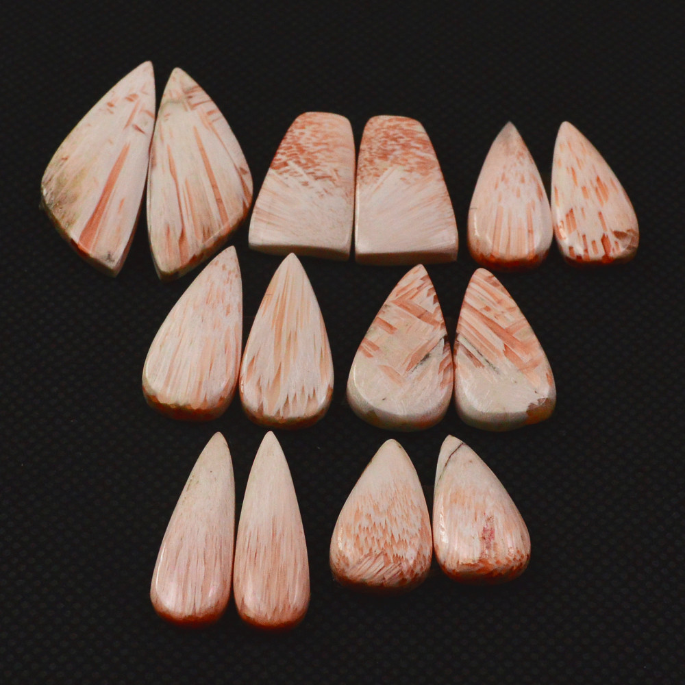 Image of 7 Pairs 90Cts Natural Pink Scolecite Cabochons Pairs lot for Silver Jewelry Making  33x10 16x8mm #19264