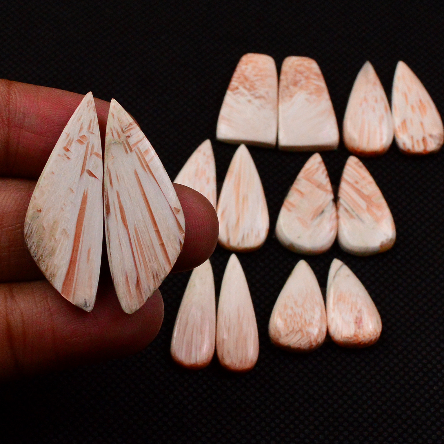 7 Pairs 90Cts Natural Pink Scolecite Cabochons Pairs lot for Silver Jewelry Making  33x10 16x8mm 19264