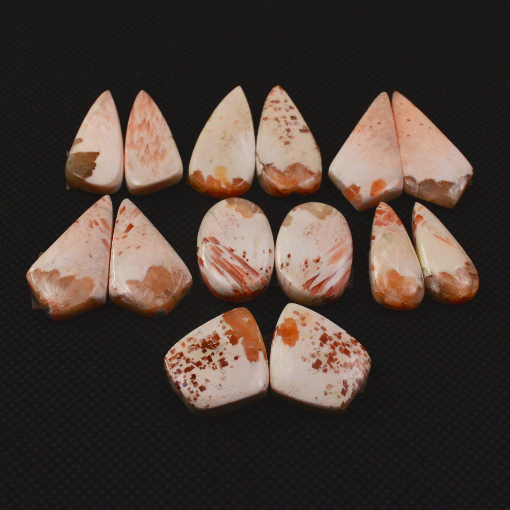Image of 7 Pairs 108Cts Natural Pink Scolecite Cabochons Pairs lot for Silver Jewelry Making  26x10 15x13mm #19265