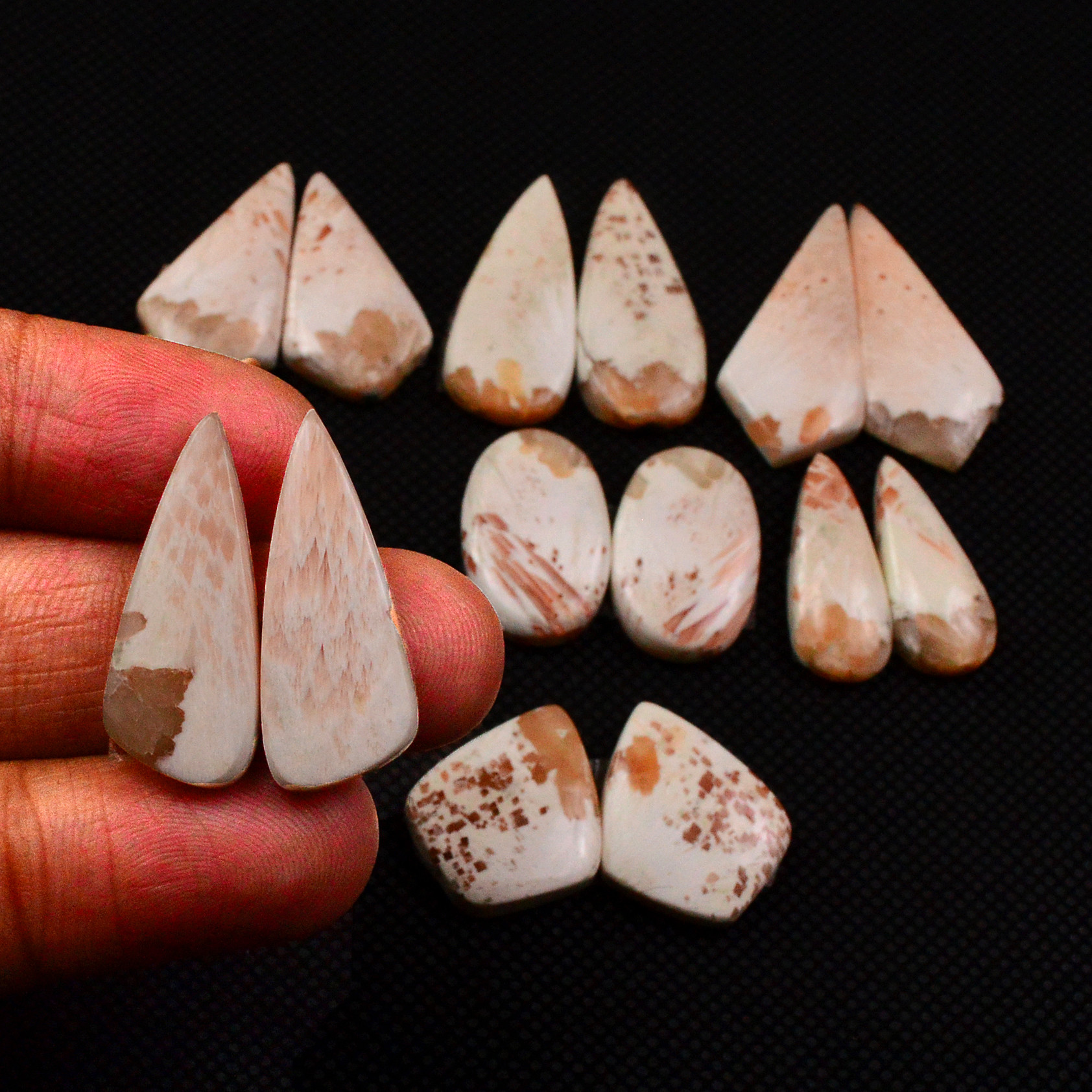 7 Pairs 108Cts Natural Pink Scolecite Cabochons Pairs lot for Silver Jewelry Making 26x10 15x13mm 19265