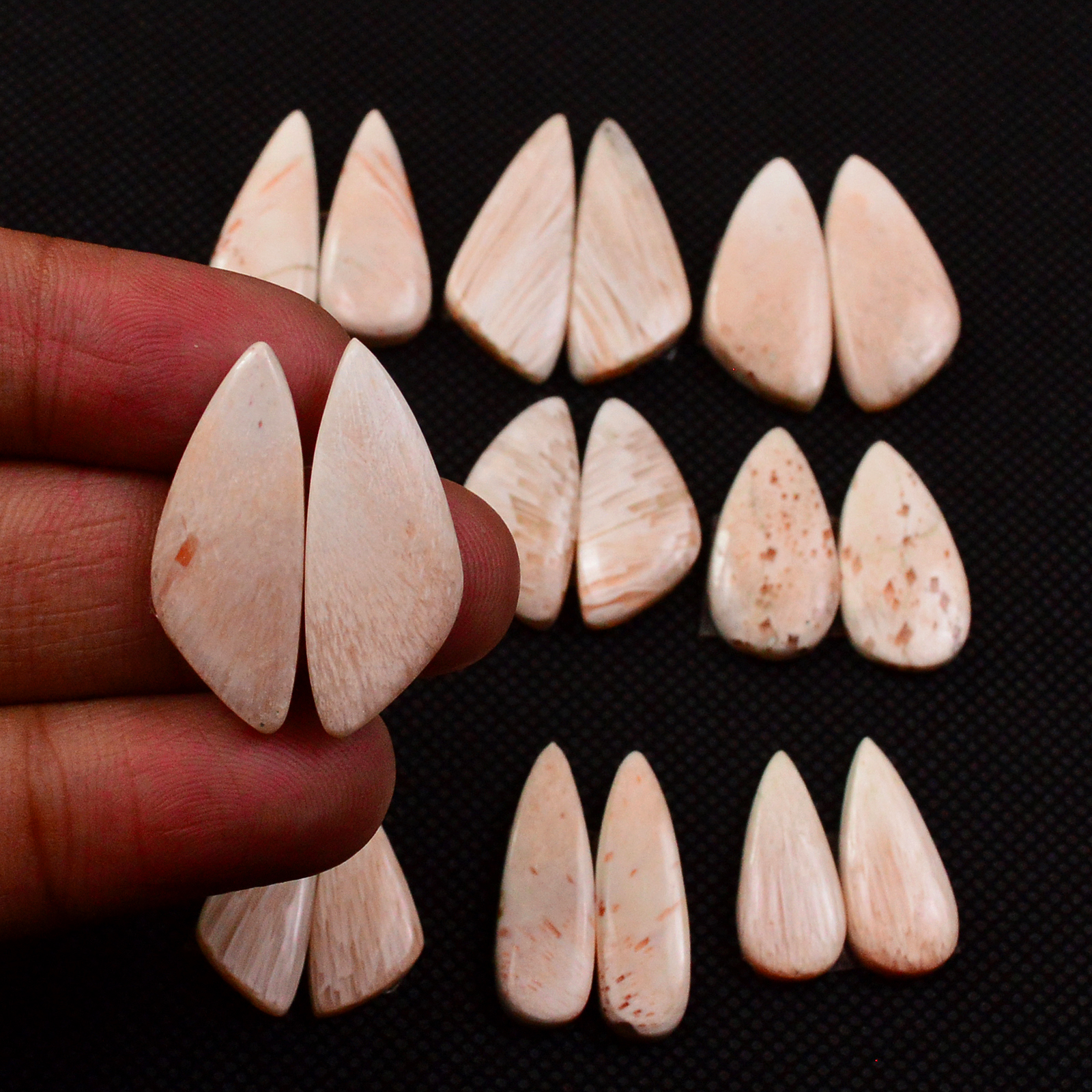 9 Pairs 113Cts Natural Pink Scolecite Cabochons Pairs lot for Silver Jewelry Making  25x9 19x7mm 19266