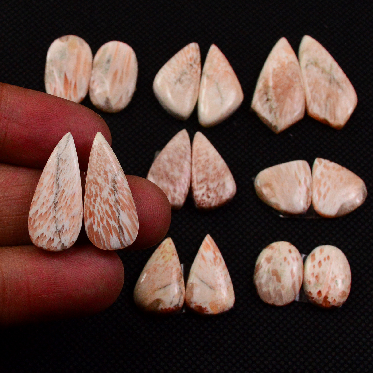 8 Pairs 102Cts Natural Pink Scolecite Cabochons Pairs lot for Silver Jewelry Making  25x10 13x11mm 19267