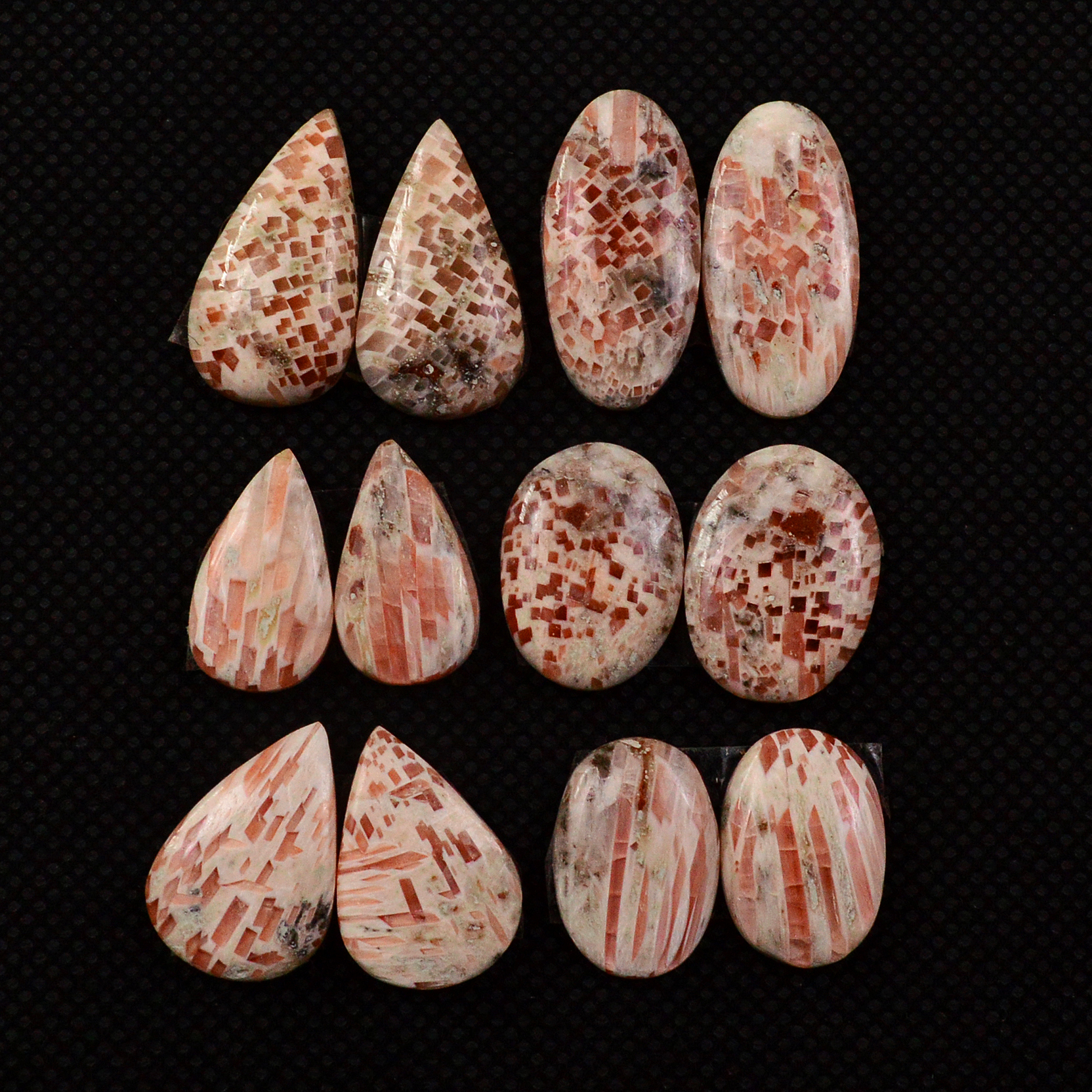 6 Pairs 69Cts Natural Pink Scolecite Cabochons Pairs lot for Silver Jewelry Making  19x9 15x10mm 19268