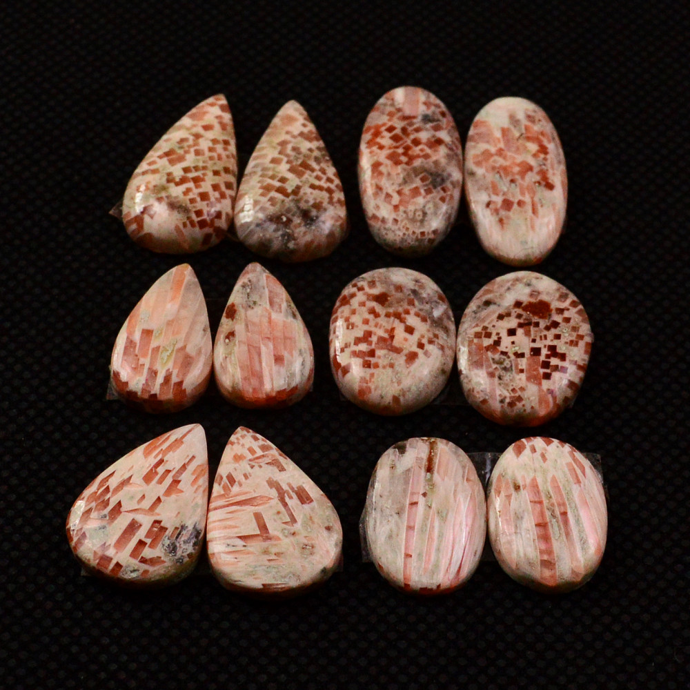 Image of 6 Pairs 69Cts Natural Pink Scolecite Cabochons Pairs lot for Silver Jewelry Making  19x9 15x10mm #19268