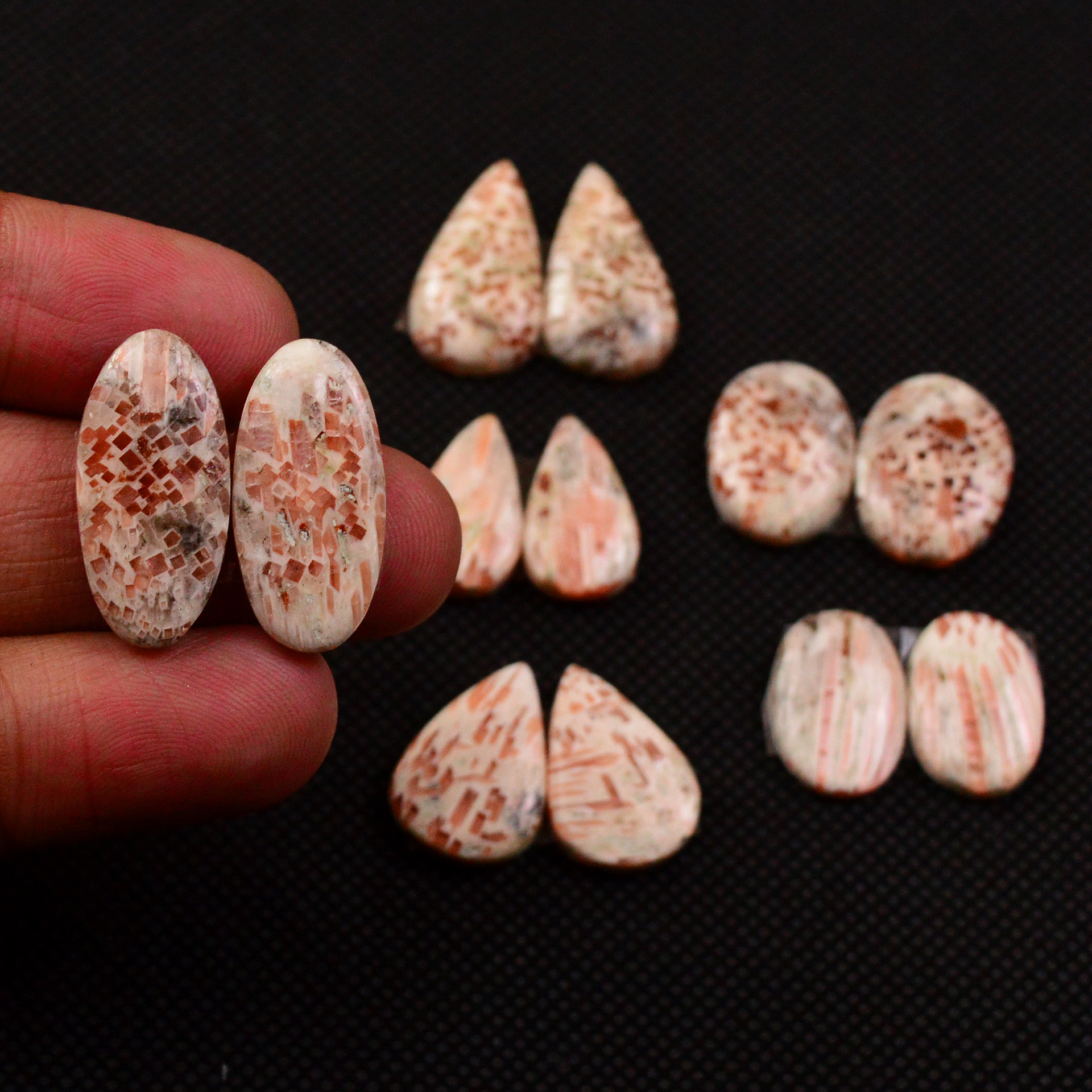 6 Pairs 69Cts Natural Pink Scolecite Cabochons Pairs lot for Silver Jewelry Making  19x9 15x10mm 19268