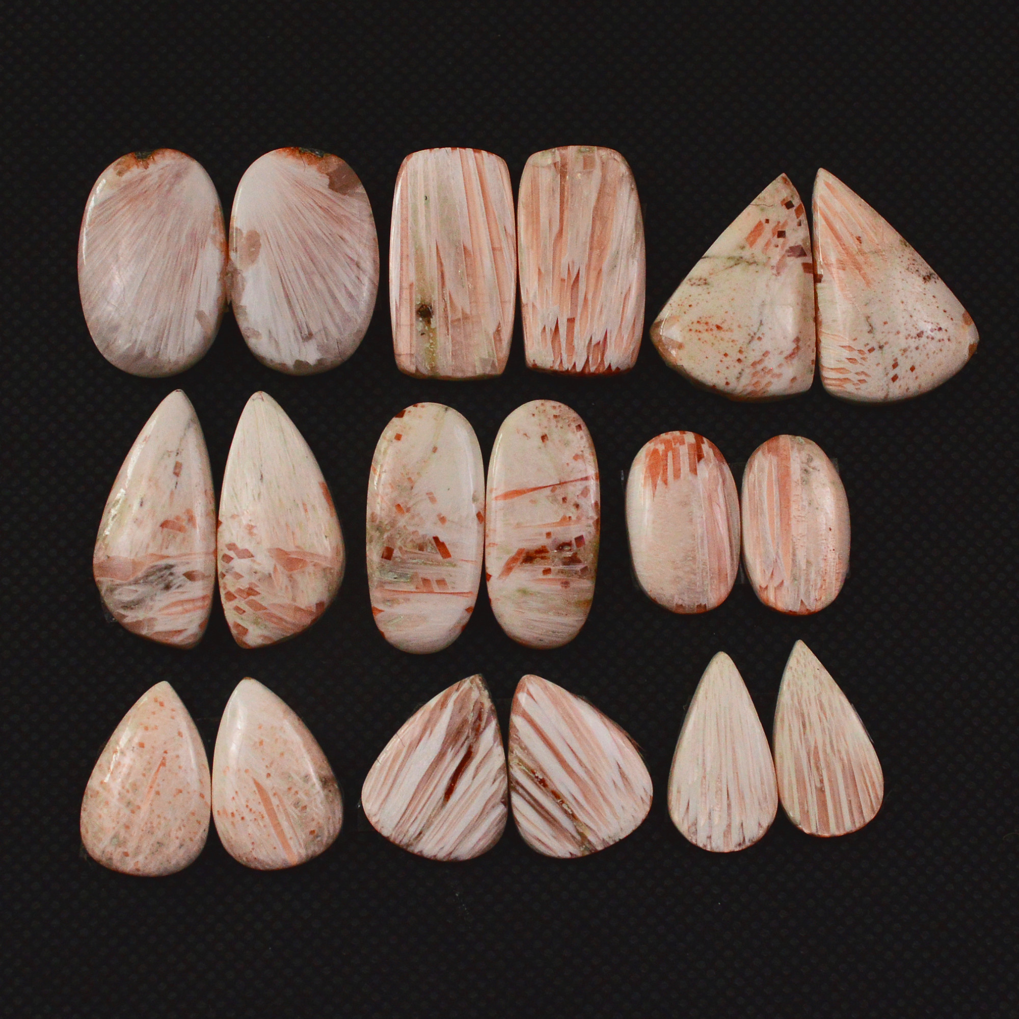 9 Pairs 130Cts Natural Pink Scolecite Cabochons Pairs lot for Silver Jewelry Making 20x10 15x9mm 19269