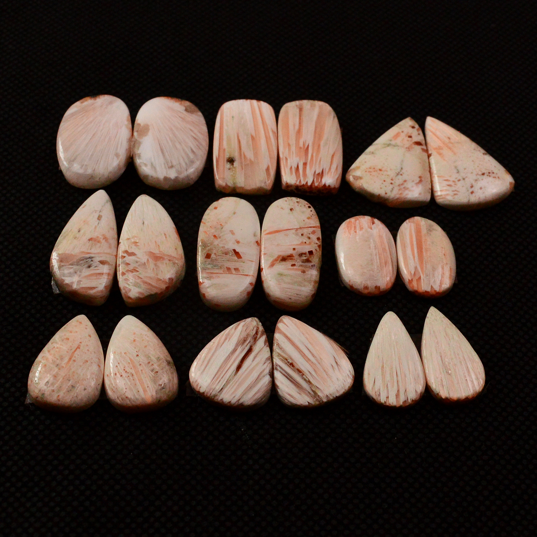 9 Pairs 130Cts Natural Pink Scolecite Cabochons Pairs lot for Silver Jewelry Making 20x10 15x9mm 19269