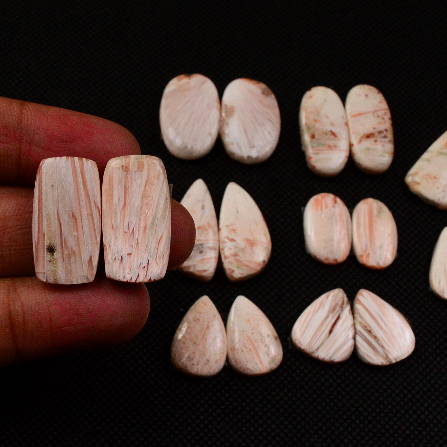 9 Pairs 130Cts Natural Pink Scolecite Cabochons Pairs lot for Silver Jewelry Making  20x10 15x9mm 19269