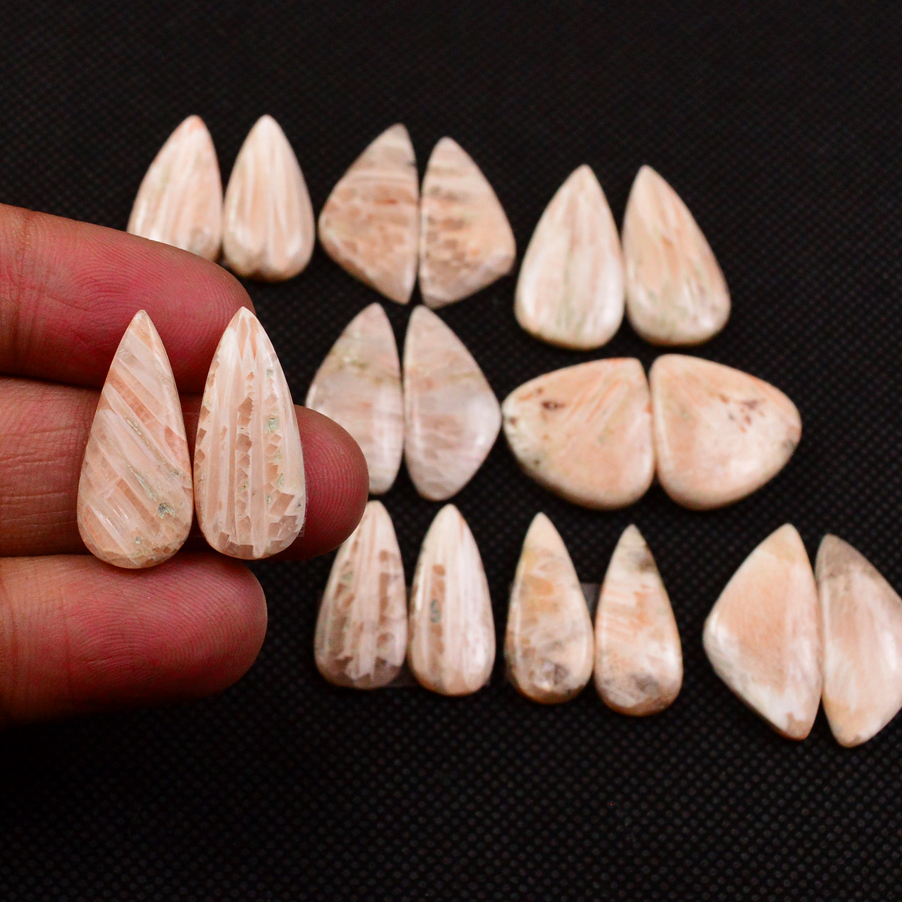 9 Pairs 123Cts Natural Pink Scolecite Cabochons Pairs lot for Silver Jewelry Making 23x10 19x8mm 19270