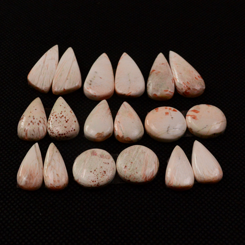 Image of 9 Pairs 91Cts Natural Pink Scolecite Cabochons Pairs lot for Silver Jewelry Making  20x9 12x12mm #19271