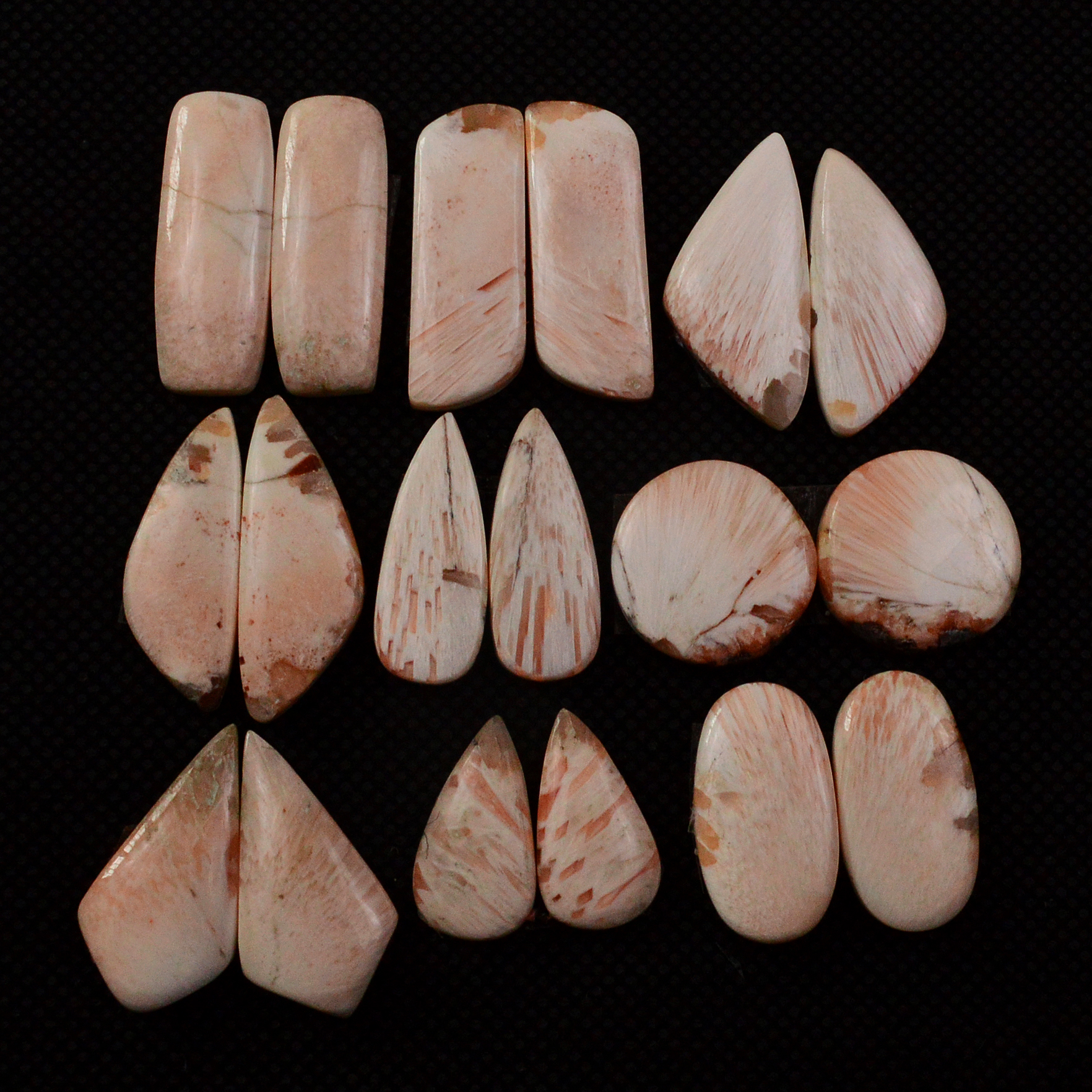 9 Pairs 129Cts Natural Pink Scolecite Cabochons Pairs lot for Silver Jewelry Making 24x7 15x7mm 19273