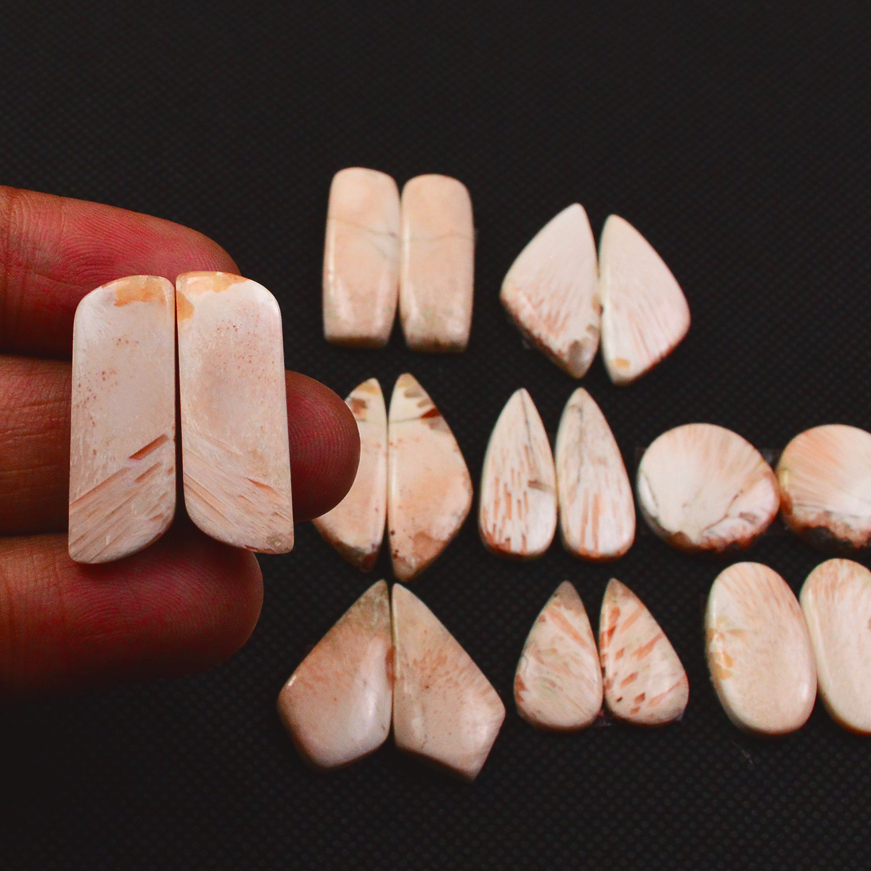 9 Pairs 129Cts Natural Pink Scolecite Cabochons Pairs lot for Silver Jewelry Making  24x7 15x7mm 19273