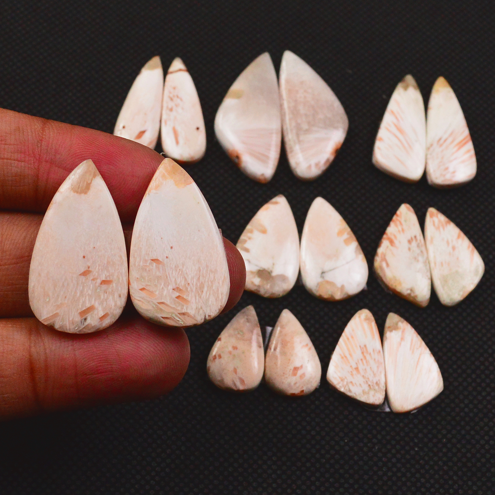 8 Pairs 117Cts Natural Pink Scolecite Cabochons Pairs lot for Silver Jewelry Making 25x9 15x9mm 19275