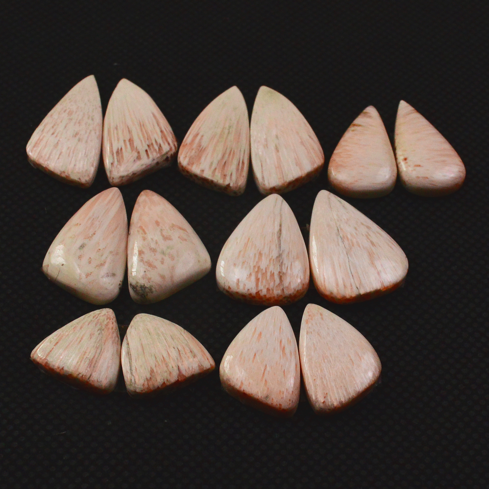 7 Pairs 73Cts Natural Pink Scolecite Cabochons Pairs lot for Silver Jewelry Making  21x9 10x11mm 19276