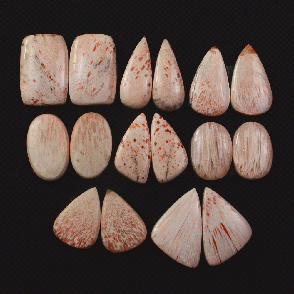 Image of 8 Pairs 105Cts Natural Pink Scolecite Cabochons Pairs lot for Silver Jewelry Making  19x11 14x9mm #19277