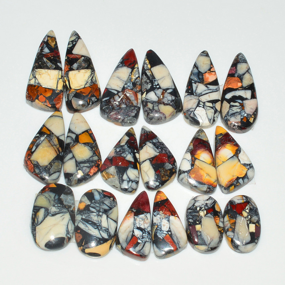 Image of 9 Pairs 122Cts Natural Mookaite Composite Gemstone Cabochon Pairs for Jewelry Making 22x8 13x8mm #19290