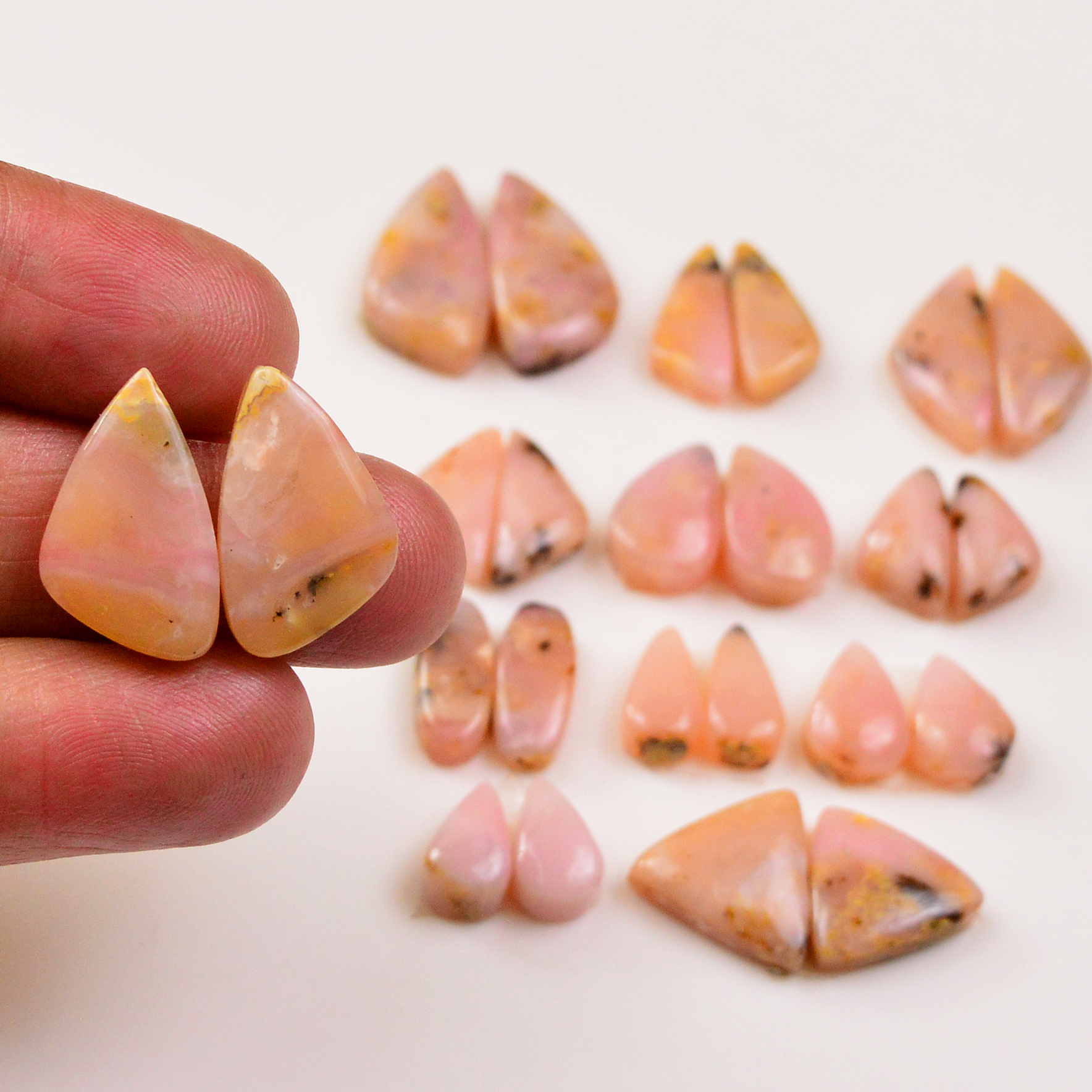 12 Pairs 90Cts Natural Pink Opal Pairs Wholesale Lot Cabochon Loose Gemstone For Jewelry Mixed Shapes 20x10 10x7mm 19311