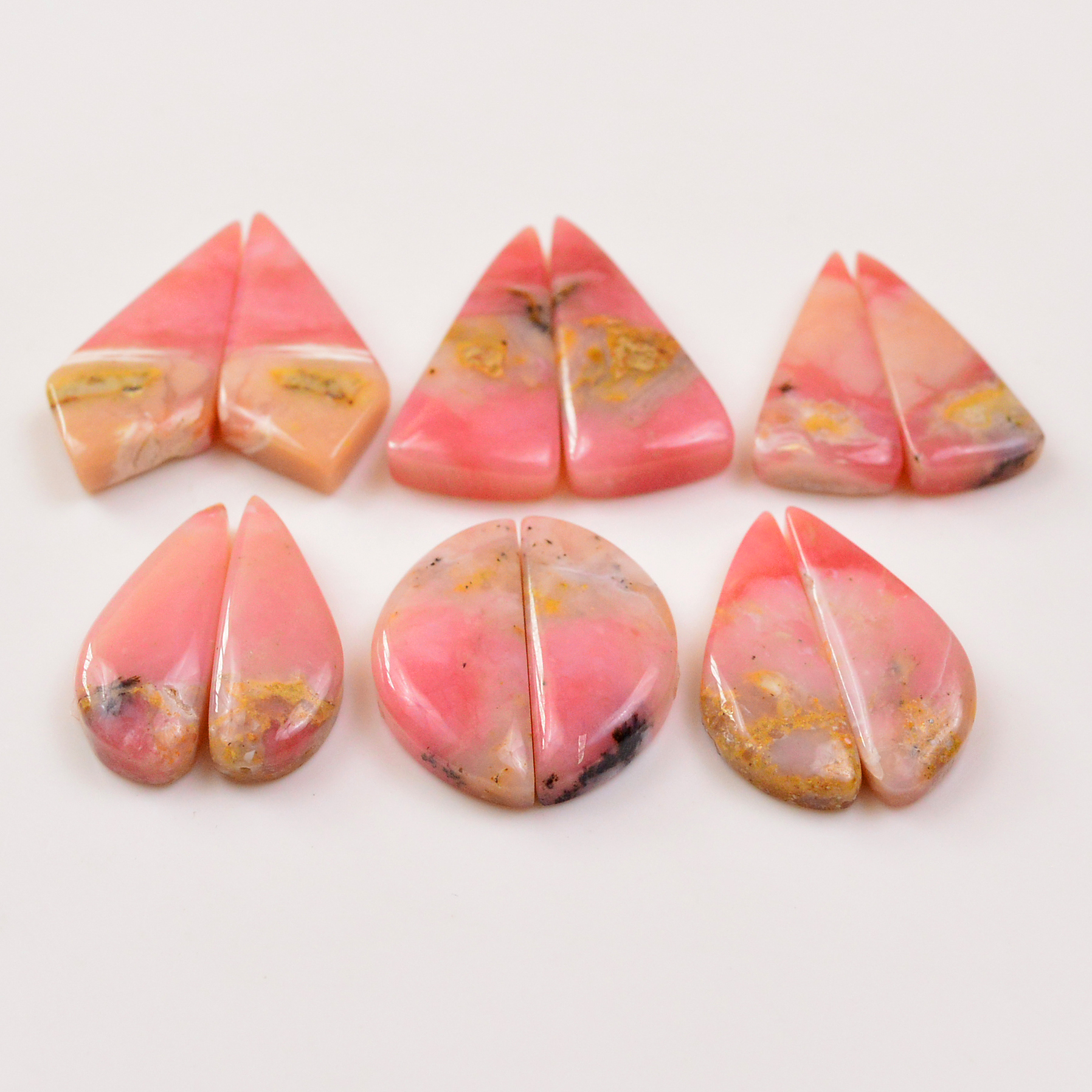 6 Pairs 122Cts Natural Pink Opal Pairs Wholesale Lot Cabochon Loose Gemstone For Jewelry Mixed Shapes 29x12 24x9mm 19318