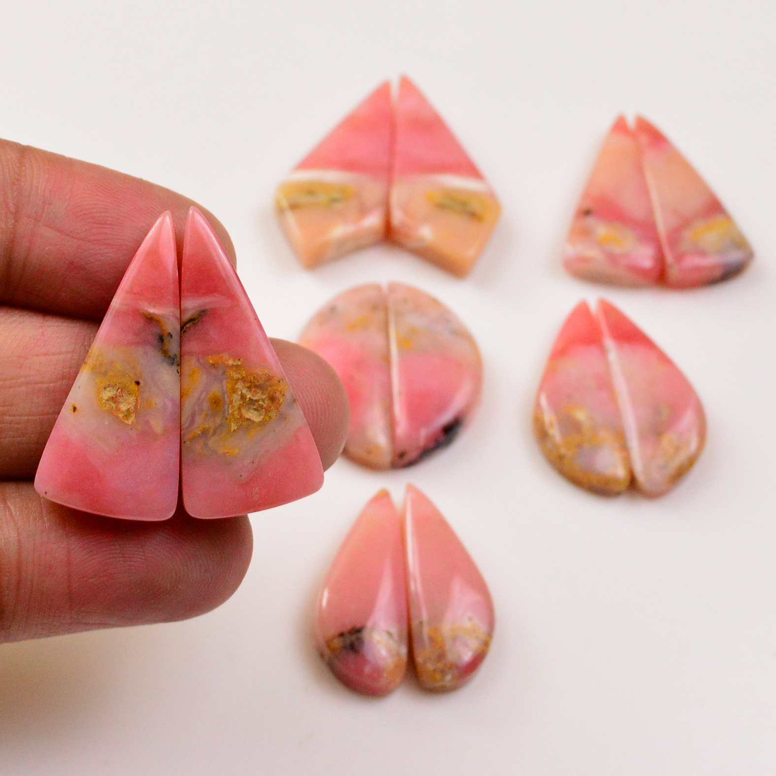 6 Pairs 122Cts Natural Pink Opal Pairs Wholesale Lot Cabochon Loose Gemstone For Jewelry Mixed Shapes 29x12 24x9mm 19318