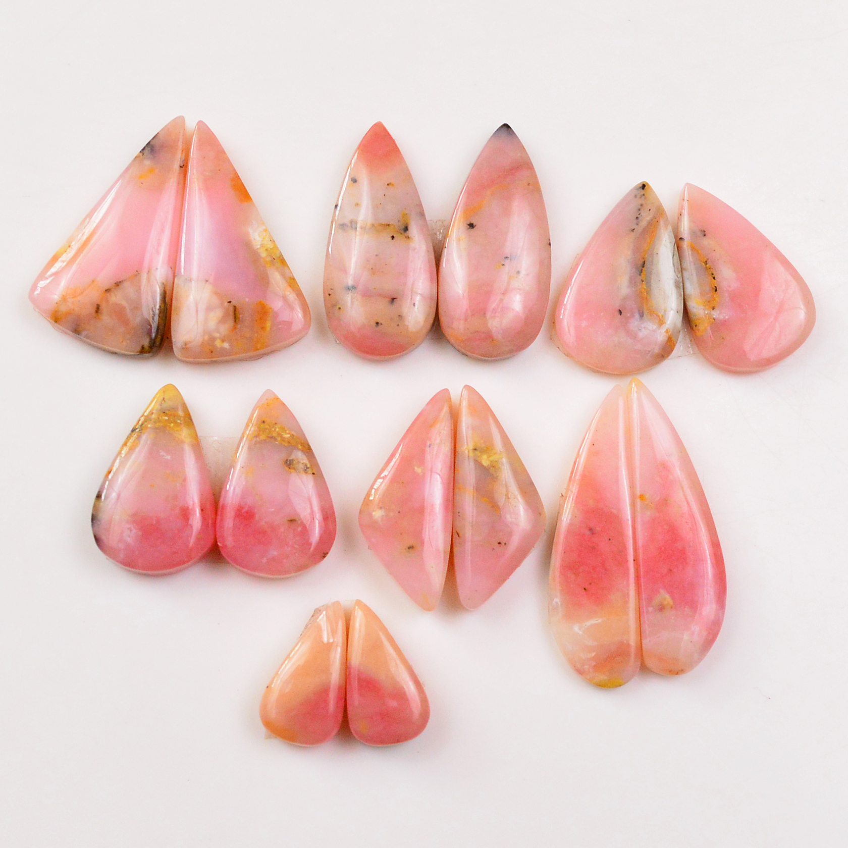 7 Pairs 86Cts Natural Pink Opal Pairs Wholesale Lot Cabochon Loose Gemstone For Jewelry Mixed Shapes 27x7 13x6mm 19319