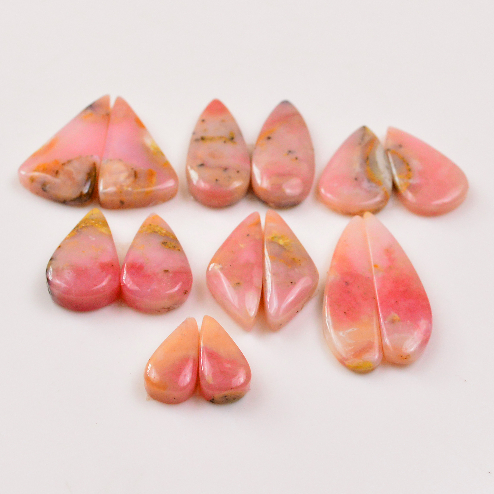 7 Pairs 86Cts Natural Pink Opal Pairs Wholesale Lot Cabochon Loose Gemstone For Jewelry Mixed Shapes 27x7 13x6mm 19319