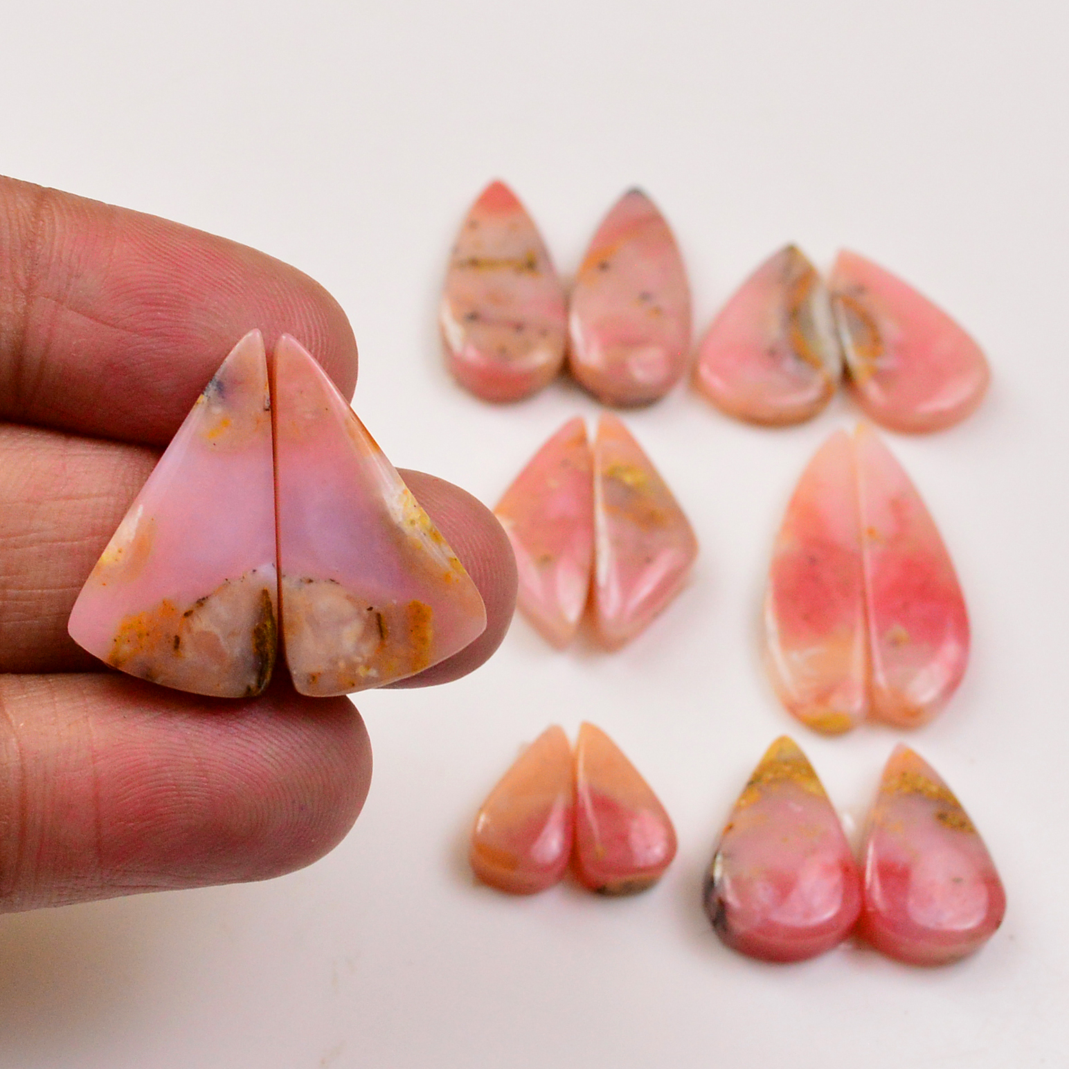 7 Pairs 86Cts Natural Pink Opal Pairs Wholesale Lot Cabochon Loose Gemstone For Jewelry Mixed Shapes 27x7 13x6mm 19319
