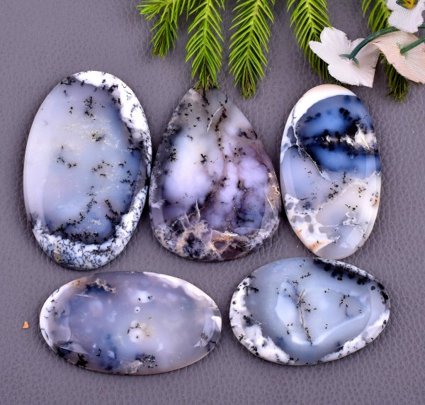 5 Pcs 500CTS Dendrite Opal Mix Cabochon Loose Gemstone Wholesale Lot Size 64x38 47x32 mm