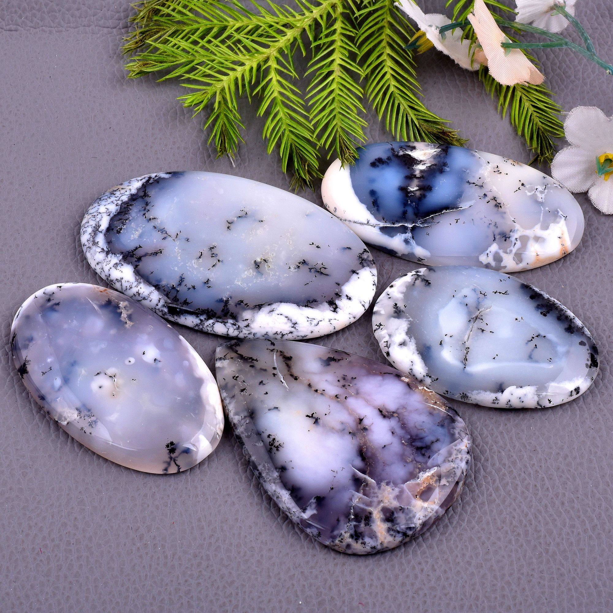 5 Pcs 500CTS Dendrite Opal Mix Cabochon Loose Gemstone Wholesale Lot Size 64x38 47x32 mm