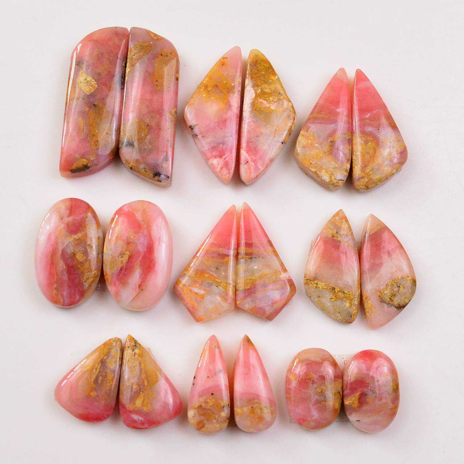 9 Pairs 142Cts Natural Pink Opal Pairs Wholesale Lot Cabochon Loose Gemstone For Jewelry Mixed Shapes 30x9 14x9mm 19322