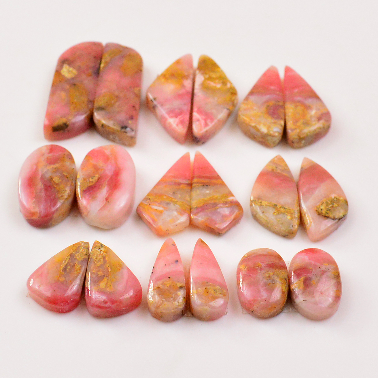 9 Pairs 142Cts Natural Pink Opal Pairs Wholesale Lot Cabochon Loose Gemstone For Jewelry Mixed Shapes 30x9 14x9mm 19322