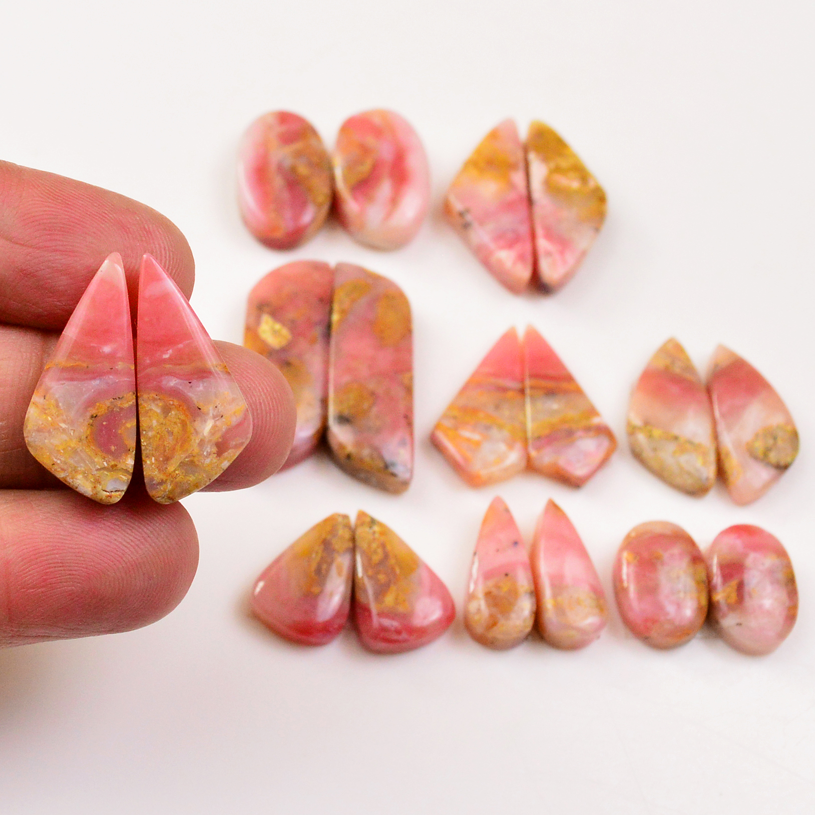 9 Pairs 142Cts Natural Pink Opal Pairs Wholesale Lot Cabochon Loose Gemstone For Jewelry Mixed Shapes 30x9 14x9mm 19322