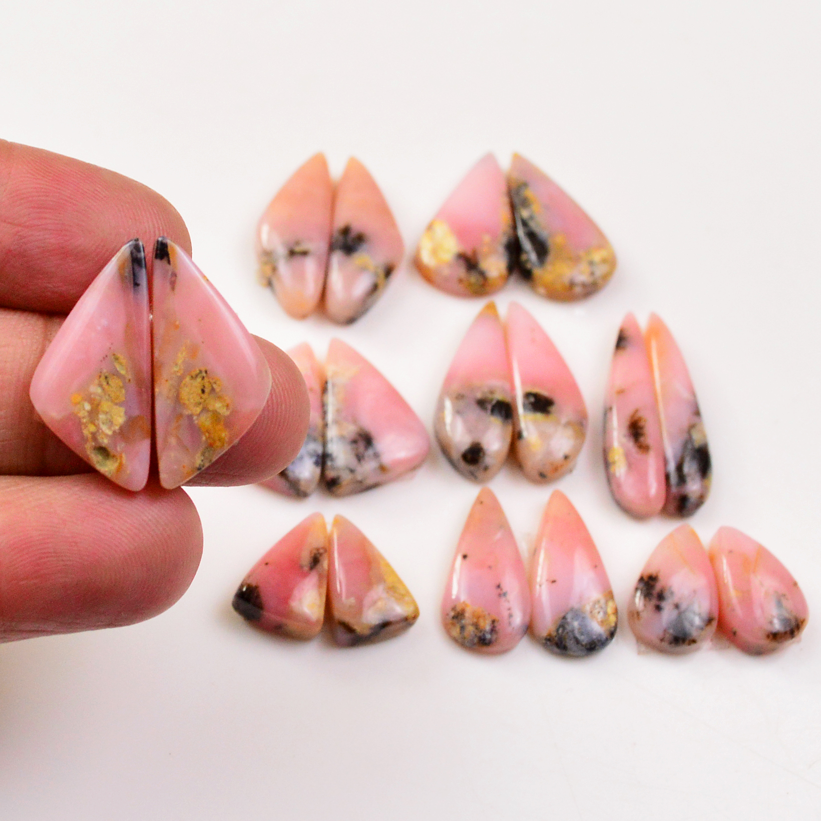 9 Pairs 105Cts Natural Pink Opal Pairs Wholesale Lot Cabochon Loose Gemstone For Jewelry Mixed Shapes 26x5 13x8mm 19326