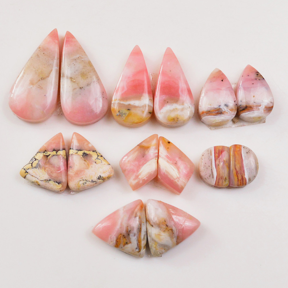 Image of 7 Pairs 86Cts Natural Pink Opal Pairs Wholesale Lot Cabochon Loose Gemstone For Jewelry, Mixed Shapes 24x11 9x6mm #19328