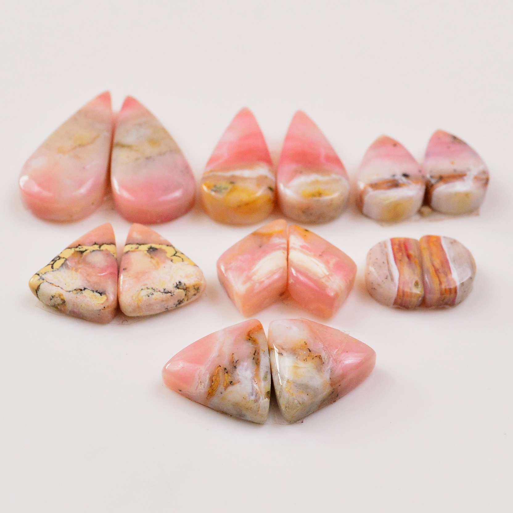 7 Pairs 86Cts Natural Pink Opal Pairs Wholesale Lot Cabochon Loose Gemstone For Jewelry Mixed Shapes 24x11 9x6mm 19328