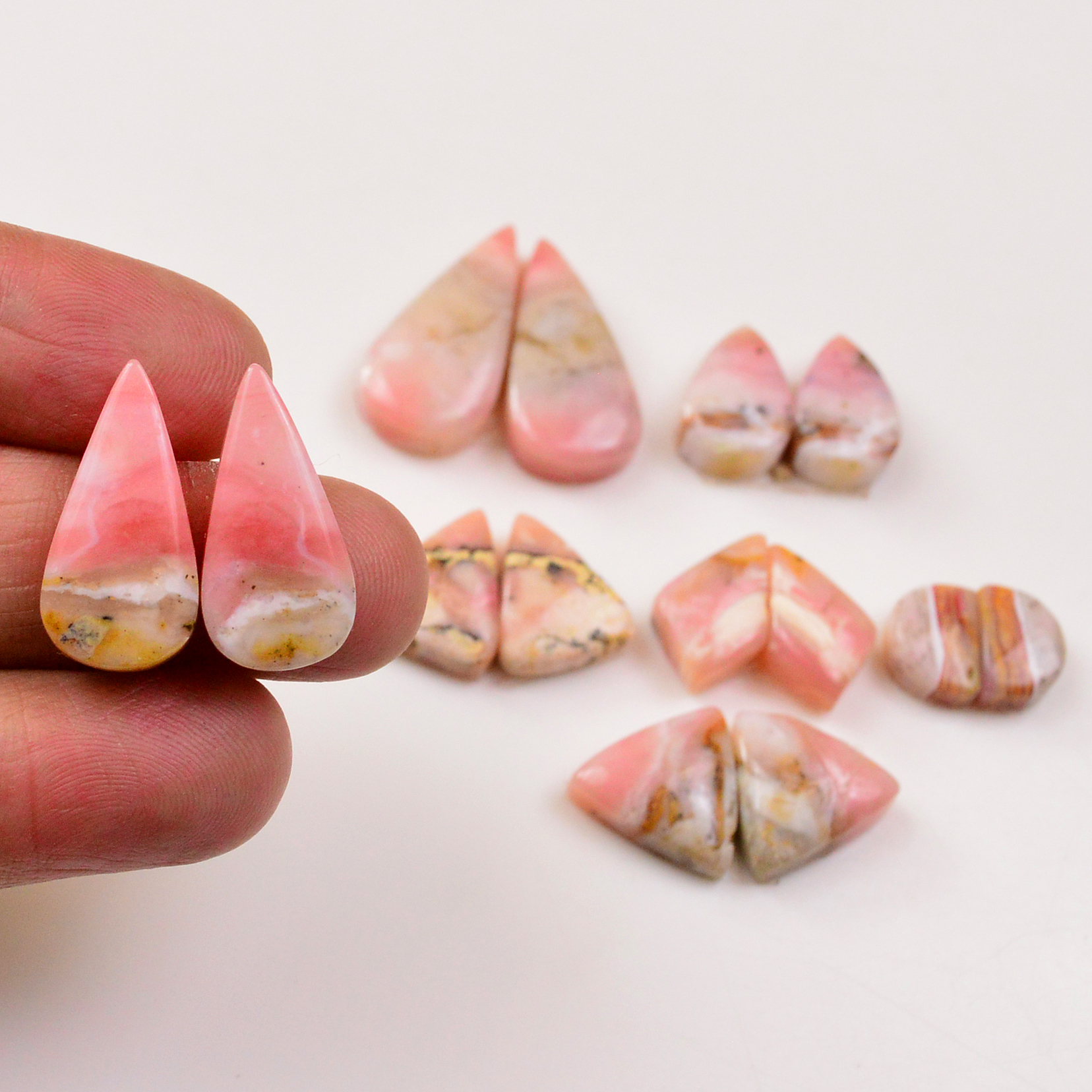 7 Pairs 86Cts Natural Pink Opal Pairs Wholesale Lot Cabochon Loose Gemstone For Jewelry Mixed Shapes 24x11 9x6mm 19328
