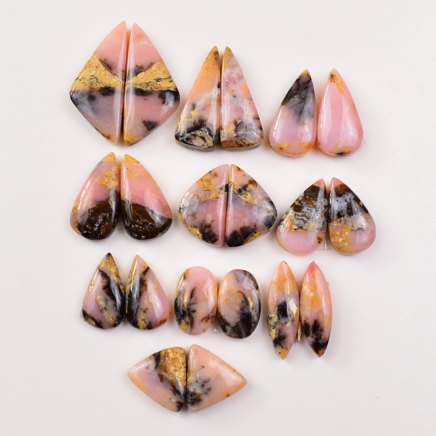 10 Pairs 126Cts Natural Pink Opal Pairs Wholesale Lot Cabochon Loose Gemstone For Jewelry Mixed Shapes 23x8 14x8mm 19330