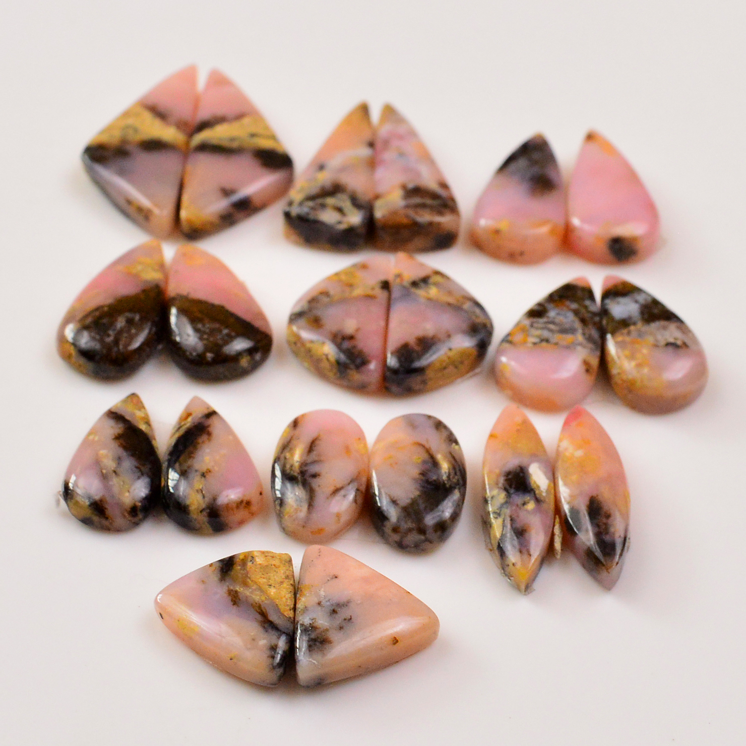 10 Pairs 126Cts Natural Pink Opal Pairs Wholesale Lot Cabochon Loose Gemstone For Jewelry Mixed Shapes 23x8 14x8mm 19330